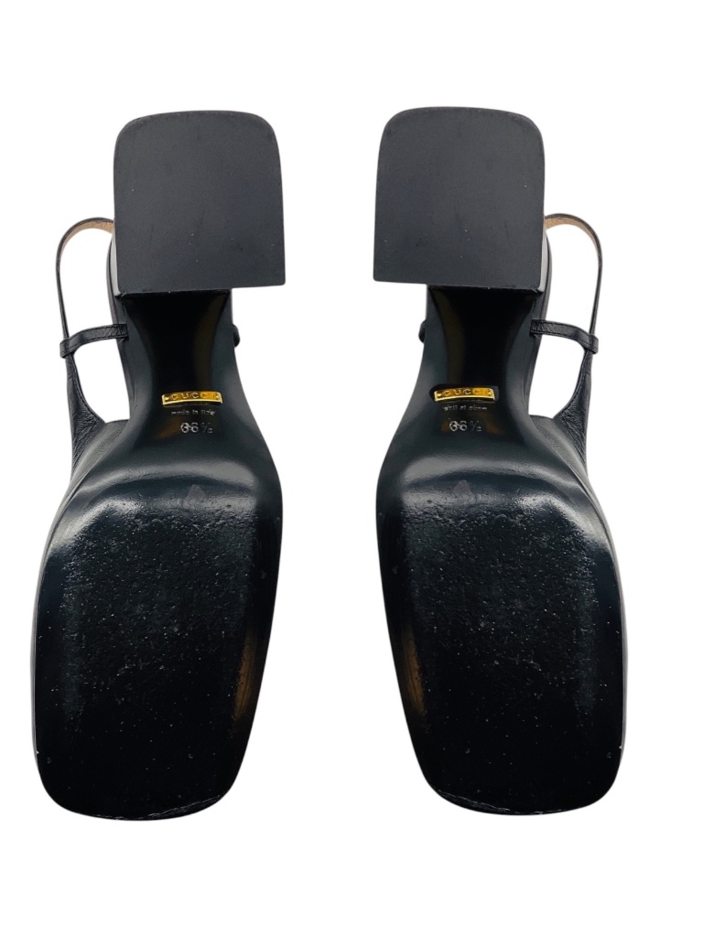 GUCCI BLACK / GOLD HORSEBIT DETAIL SQUARE TOE LEATHER SLINGBACK PUMPS - Picture 6 of 7